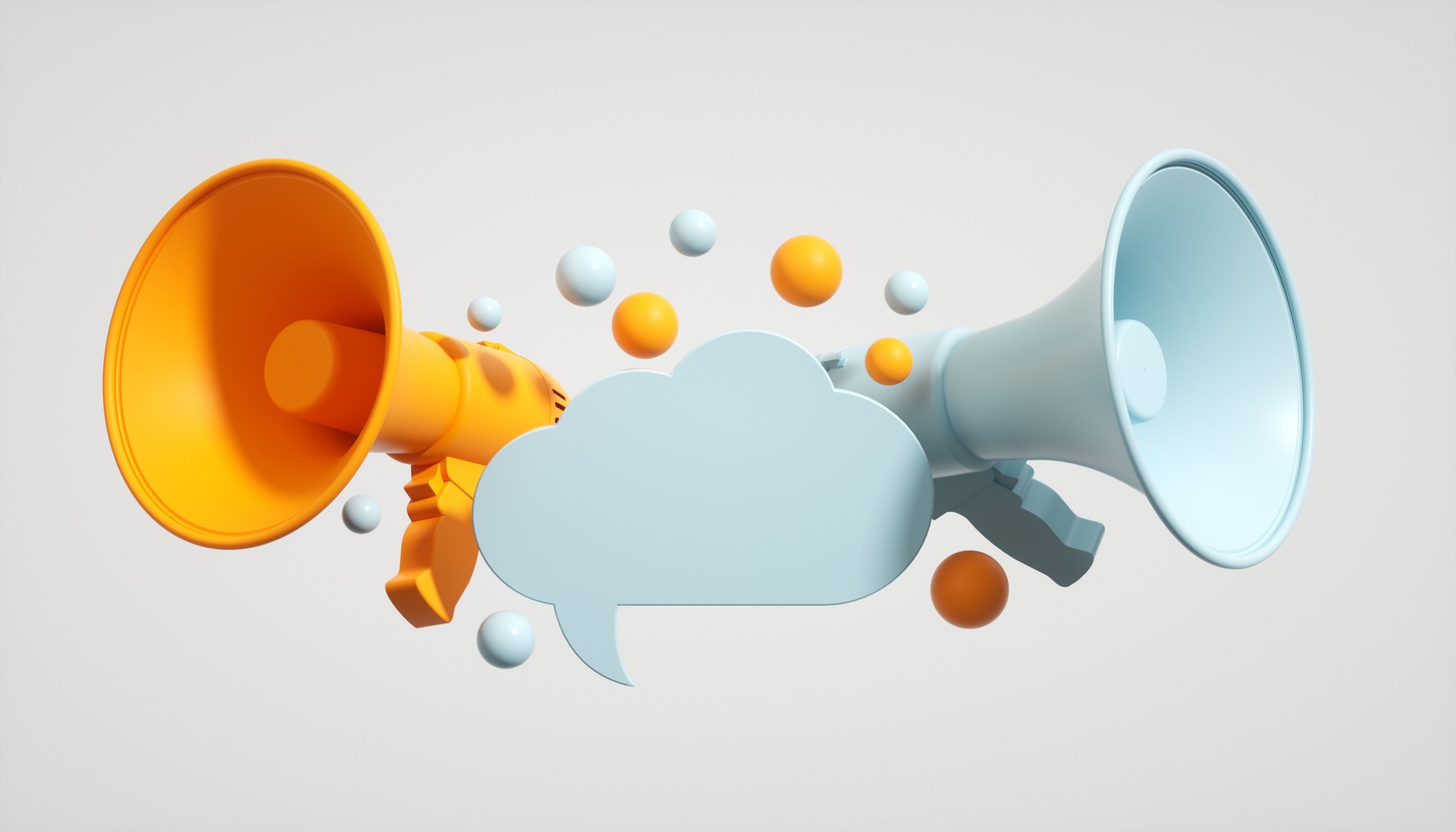 Digital Marketing and Social Media Concept. Two Megaphones Facing Different Directions with a Cloud-Shaped Speech Bubble in the Center. 3D Rendering.